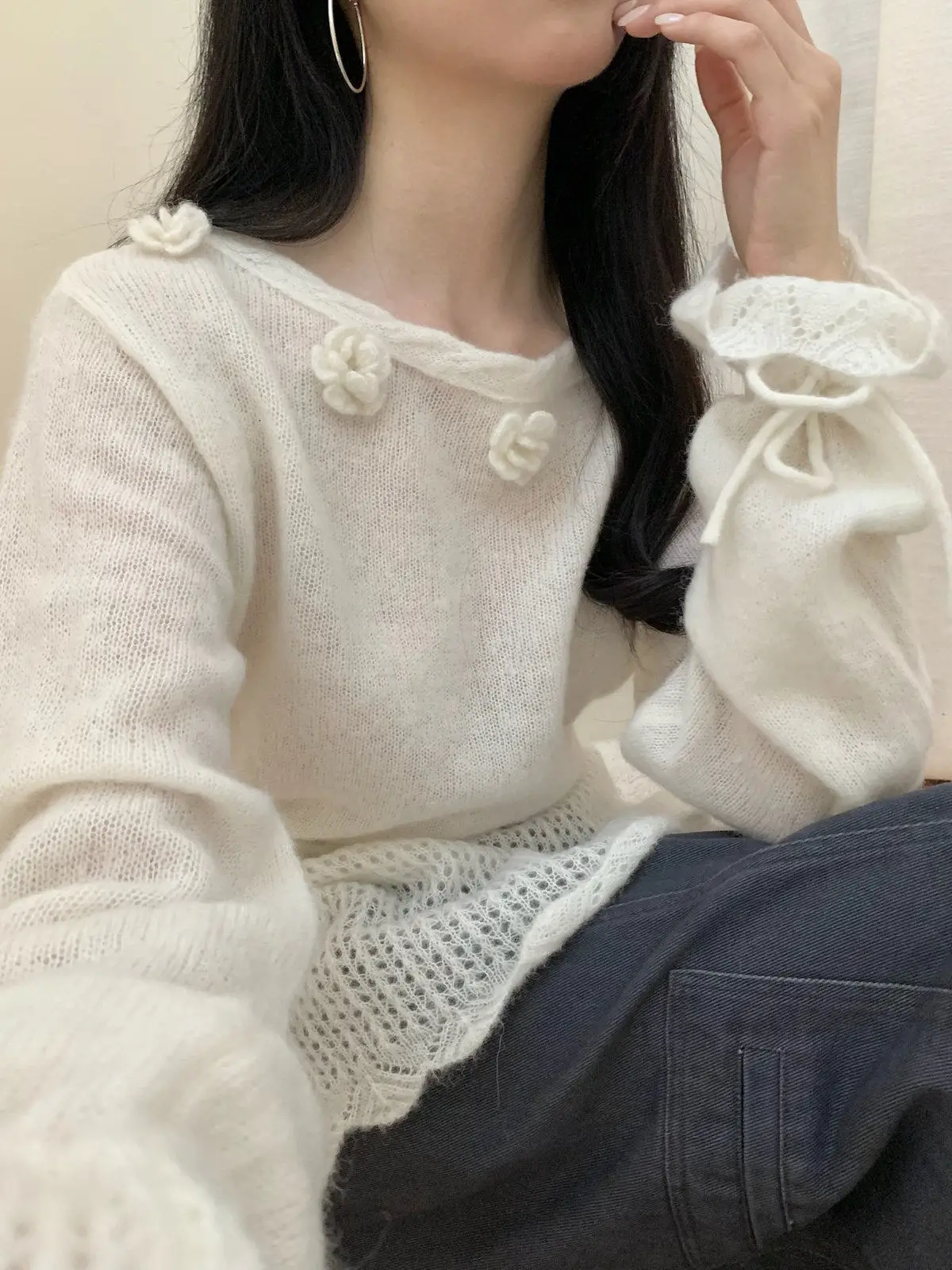Ladies' Casual Style Long Sleeve Knitted Sweater Alpaca Wool Loose Warmth Floral 3D Design Korean Style Autumn Winter New Fas...