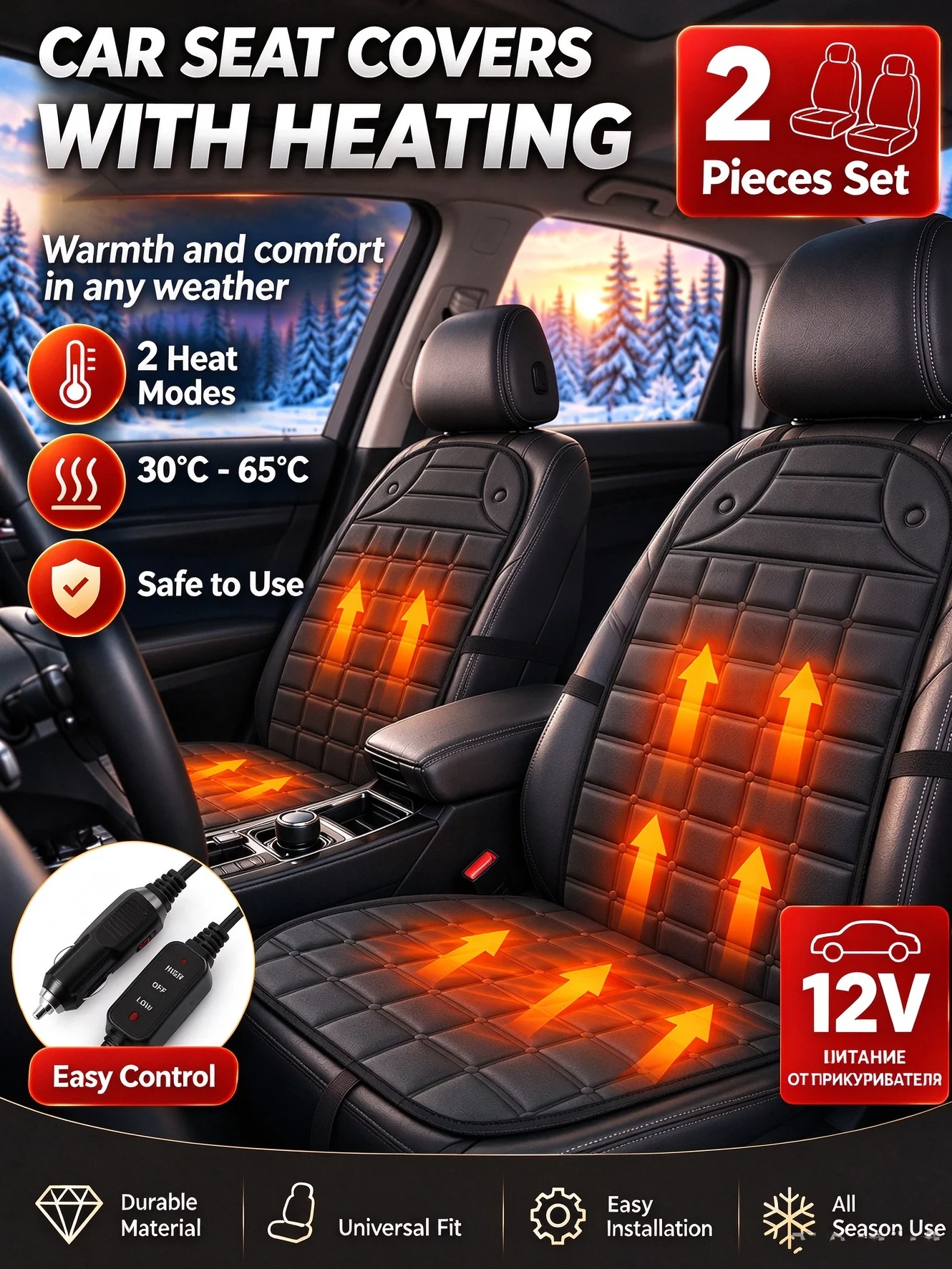 12V Heated Car Seat Cover Universal Winter Car Seat Heating Cushion Fast Warm 2 Temperature Levels Overheat Protection Cigarette