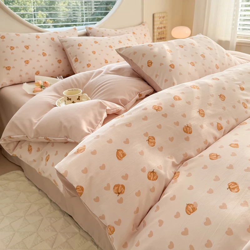 Double-layer Gauze Duvet Cover Pumpkin Print Quilt Cover Skin-friendly Bed Cover for Adults Queen Comforter Cover funda nordica
