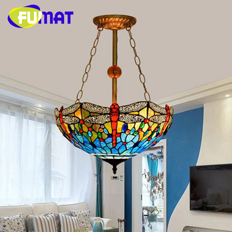 

FUMAT Tiffany 16inch pastoral style glass Living room Dining Room Bedroom Chandelier Blue dragonfly deco reverse pendant light