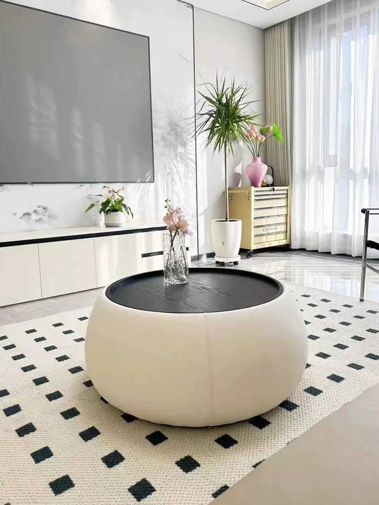 طاولة قهوة مستديرة بالرياح الكريمية لغرفة المعيشة، شقة صغيرة، تخزين منزلي، حديث وبسيط، مصنوع من الجلد الفاخر #3