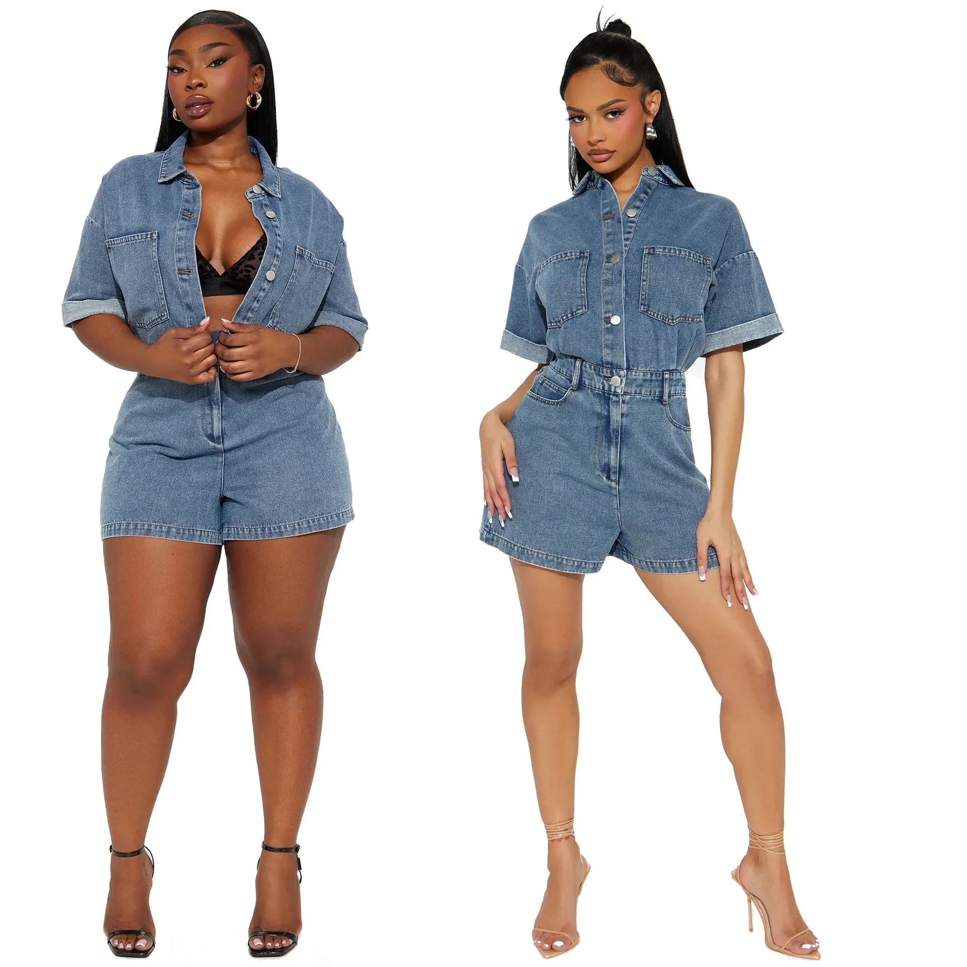 

Jean Rompers Playsuits for Women Summer Turn Down Collar Pockets Vintage Denim Shorts Jumpsuit One Piece Overalls Streetwear