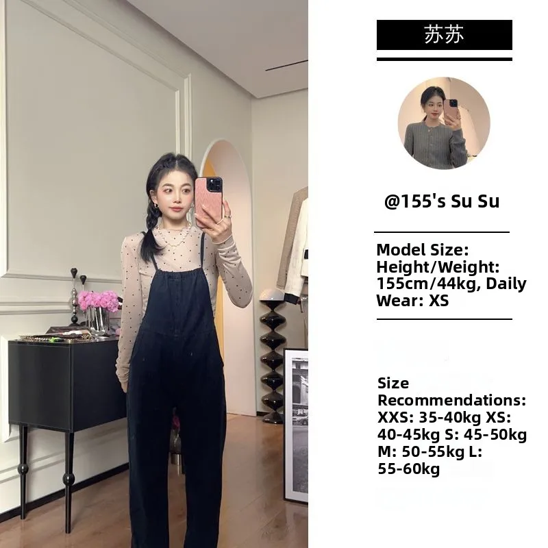 

Adjustable Strap One-Piece Jeans High Waist Wide Leg Straight Cut Retro Sle for Petite Women Spring Season Long Trousers