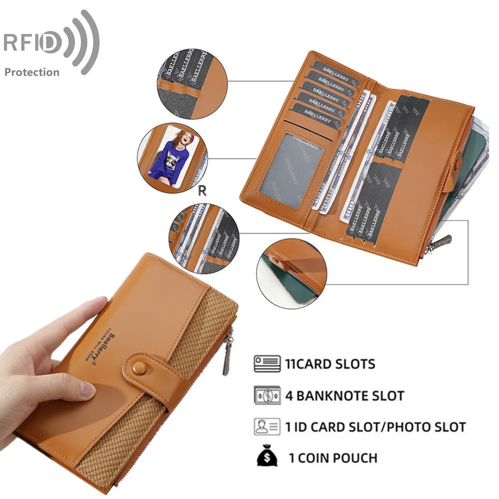 Women's RFID Long Wallet Simple and Slim Design Multi-Card Slot Patchwork Clasp Multifunctional Pouch