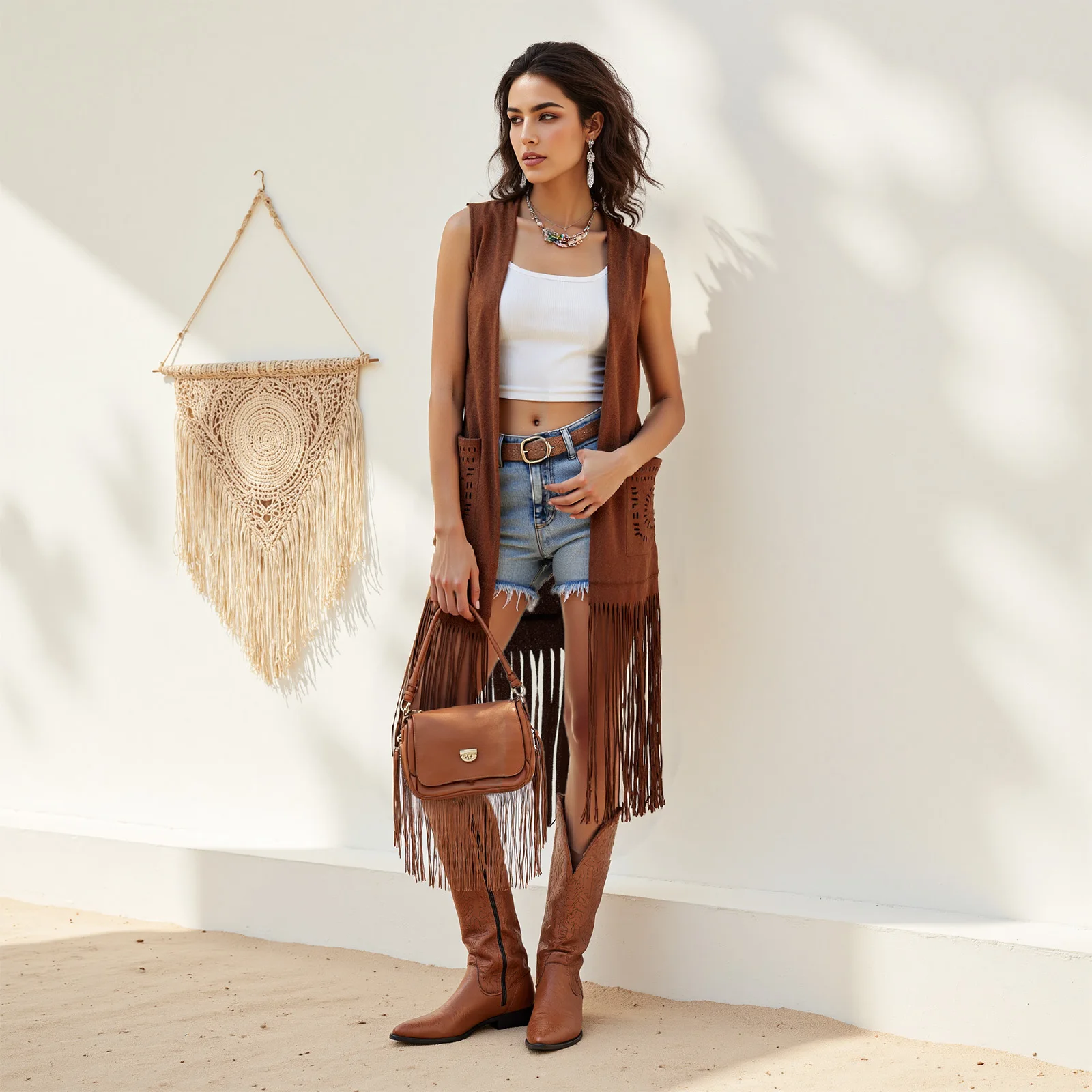 

Women Tassel Vest Solid Color Open Front Sleeveless Long Jacket With Pockets Hippie Costume Tops Hot Sale S-2XL