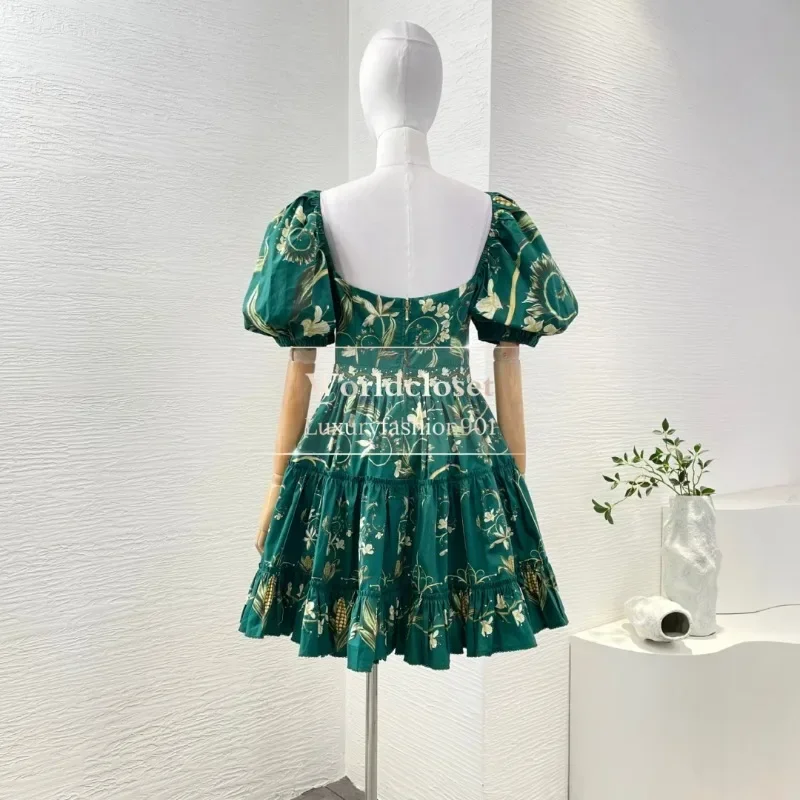 Mini vestido de manga corta plisado fruncido con volantes verdes de algodón puro 2025 nuevo estilo de moda elegante algodón atractivo