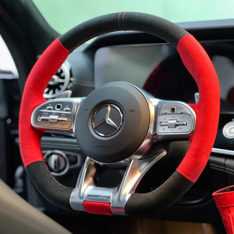 

Для Mercedes Benz AMG CLA CLS GLB GLE W177 W167 R190 W205 W222 Сшитый вручную черный, красный замшевый чехол на руль автомобиля