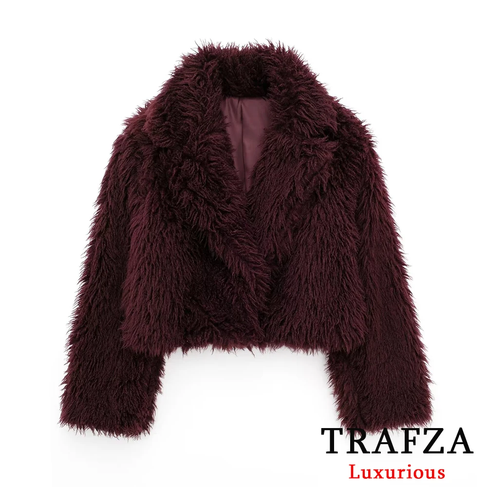 TRAFZA Casual Red Fur Jackets Women Long Sleeve V Neck Thick Autumn Winter Short Coats Fahsion 2024 Streetwear Warm Outwears