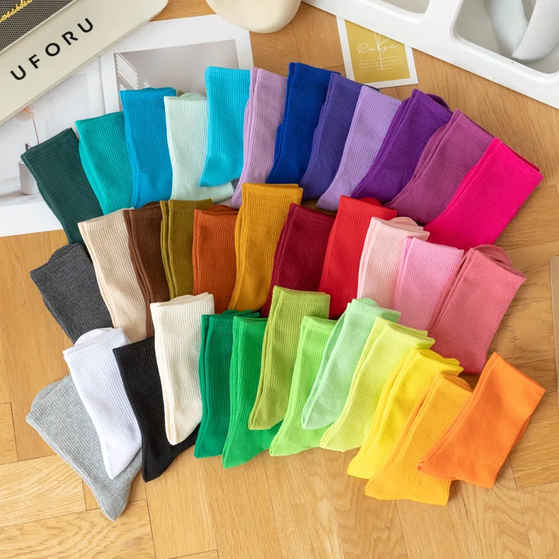 

etro Women Cotton Loose Socks Autumn Winter Knitting Solid Color Long Black Pink Korean Japanese Student Girls