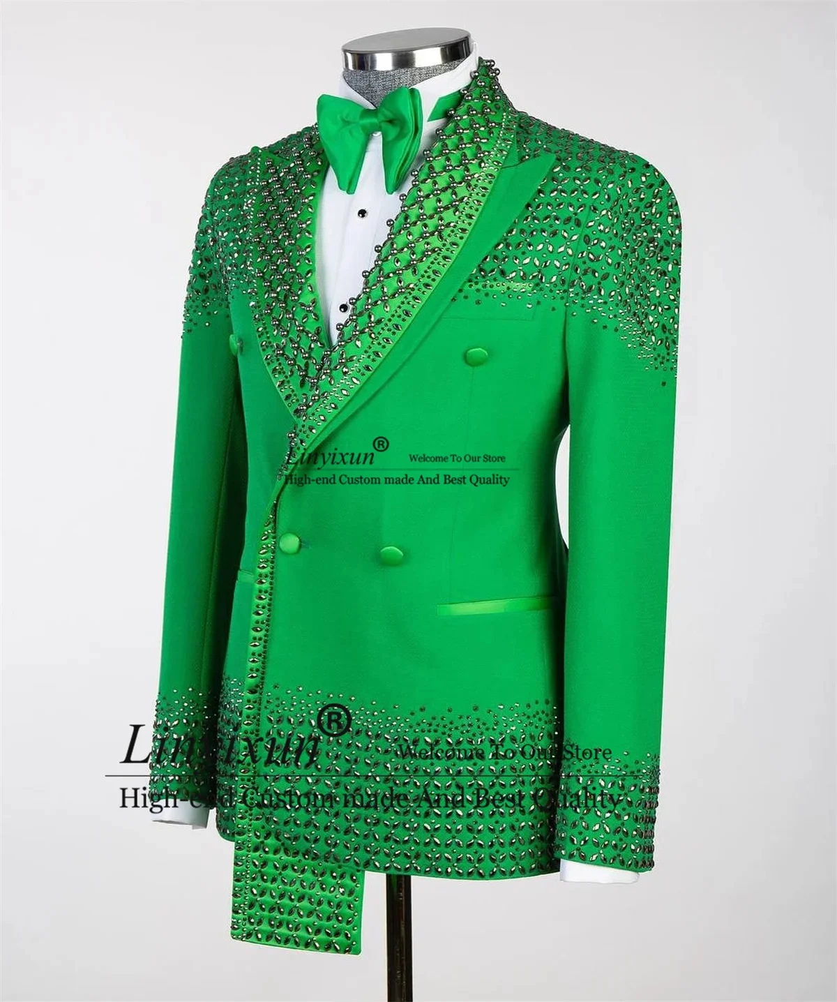 Green Jewelry Ornament Tuxedos Men Suits Peaked Lapel 2 Pieces Male Prom Blazers Wedding Groom trajes para hombre Customized