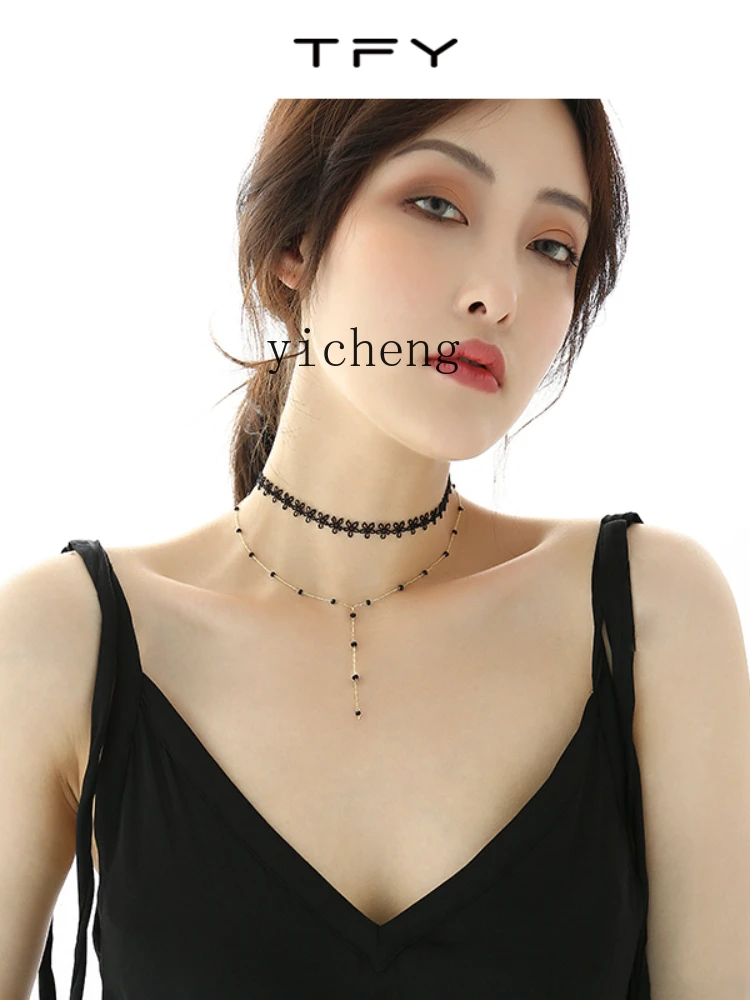 YY Black Lace Necklace Female Clavicle Chain Retro Simple Double Layer Neck Accessories