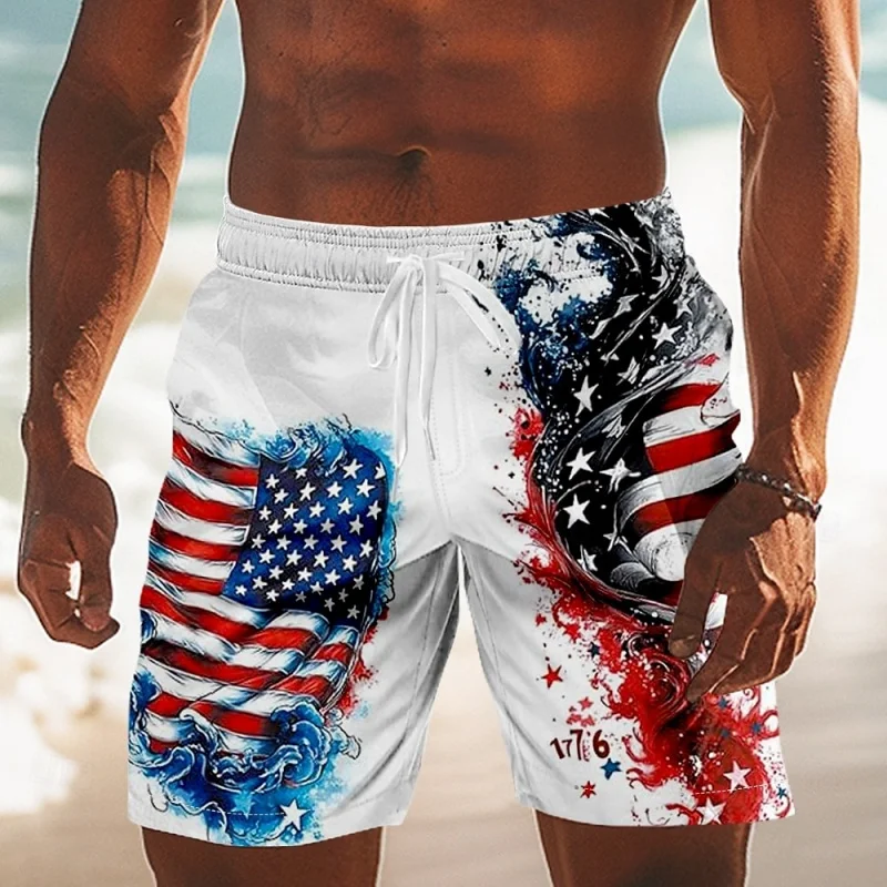 3D Print America Flag Short Pants For Men American Cow Pattern Swim Trunks Casual Swimwear Beach Shorts Sports Surf Board Shorts