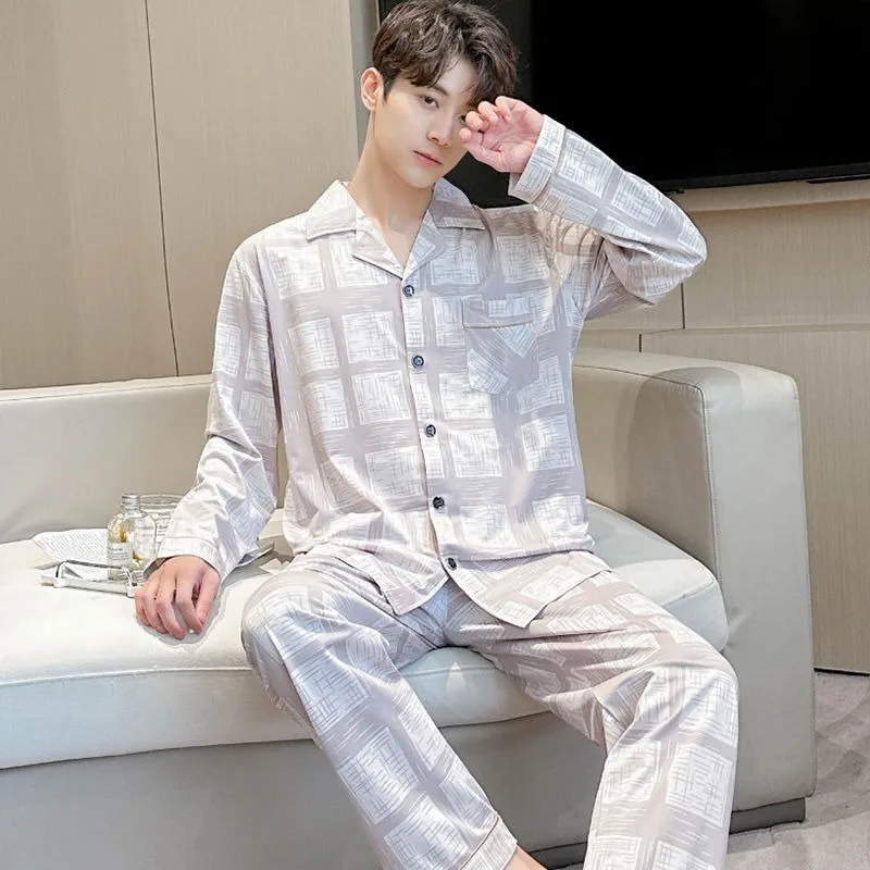 New Cotton Pajamas Men Autumn Winter Pajamas Long Sleeve Thin Pyjamas Plaid Large Size Nightdress Lapel Breasted Home Wear Set