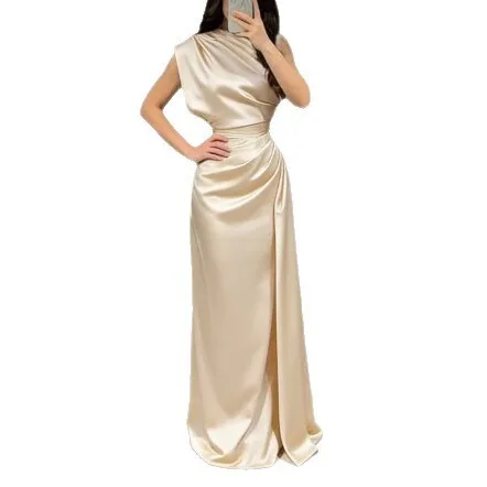 Woven Round Neck Gown Asymmetrical Hem Private Celebrity Style with Pull on Maxi Length Party Dress for Women Daily Date Party