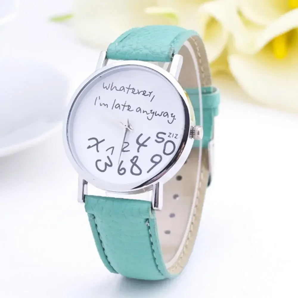 Women Whatever Im Late Anyway Letter Round Dial Faux Leather Strap Quartz Watch Fashion Letters Numbers Adjustable Women\'s Watch