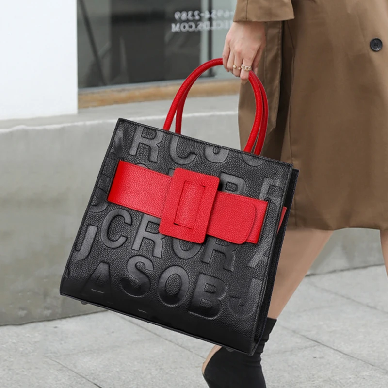 Aidrani new high-capacity genuine leather handbag fashion letter printing design luxury brands cowhide square bag