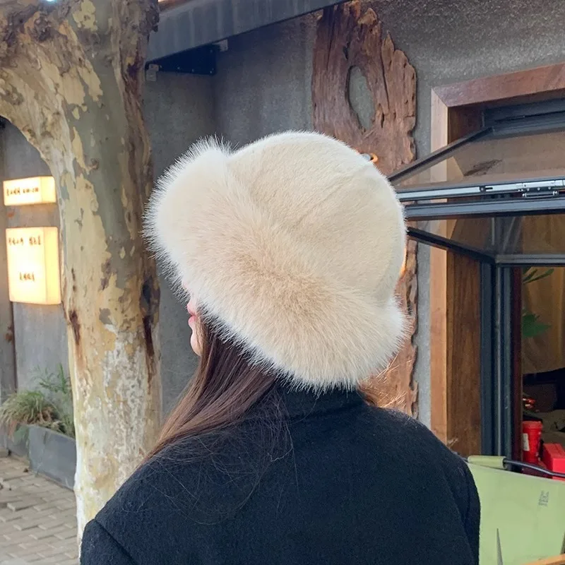 Winter Thick Warm Furry Beanies Hat Women Fashion Imitation Mink Fur Russian Cap Solid Color Plush Brimless Cap Brimless Ski Hat image 4