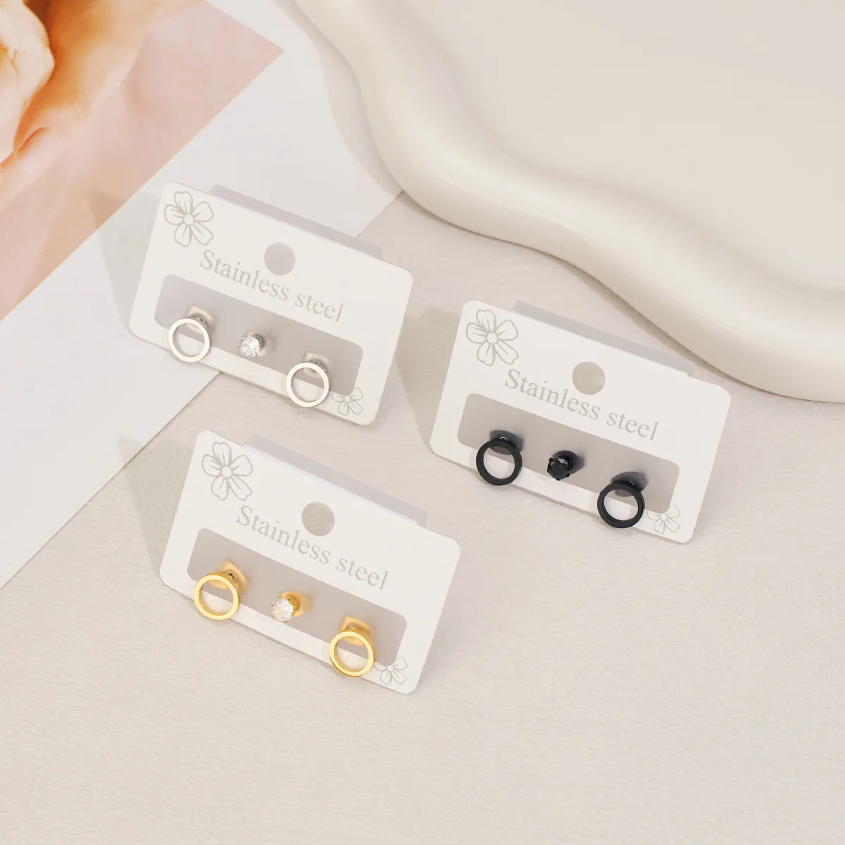 Japanese and Korean version of simple and versatile stainless steel geometric stud earrings love round triangle star with diamon