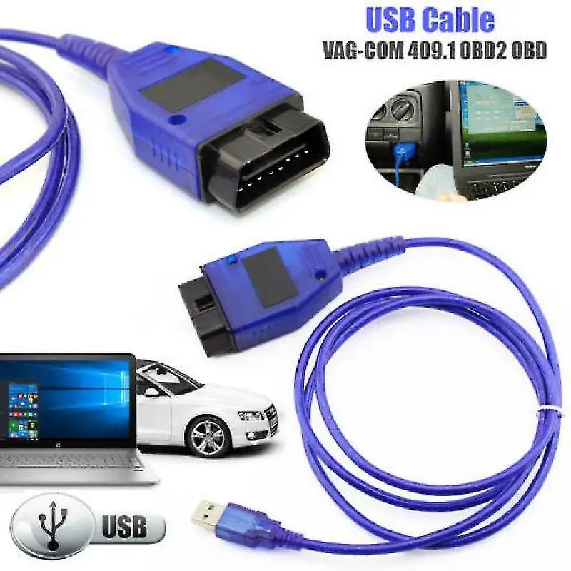 Kabel Diagnostik USB OBD2 VAG-COM KKL 409.1, Panjang 1,5m, Biru, Termasuk CD Perangkat Lunak Gratis