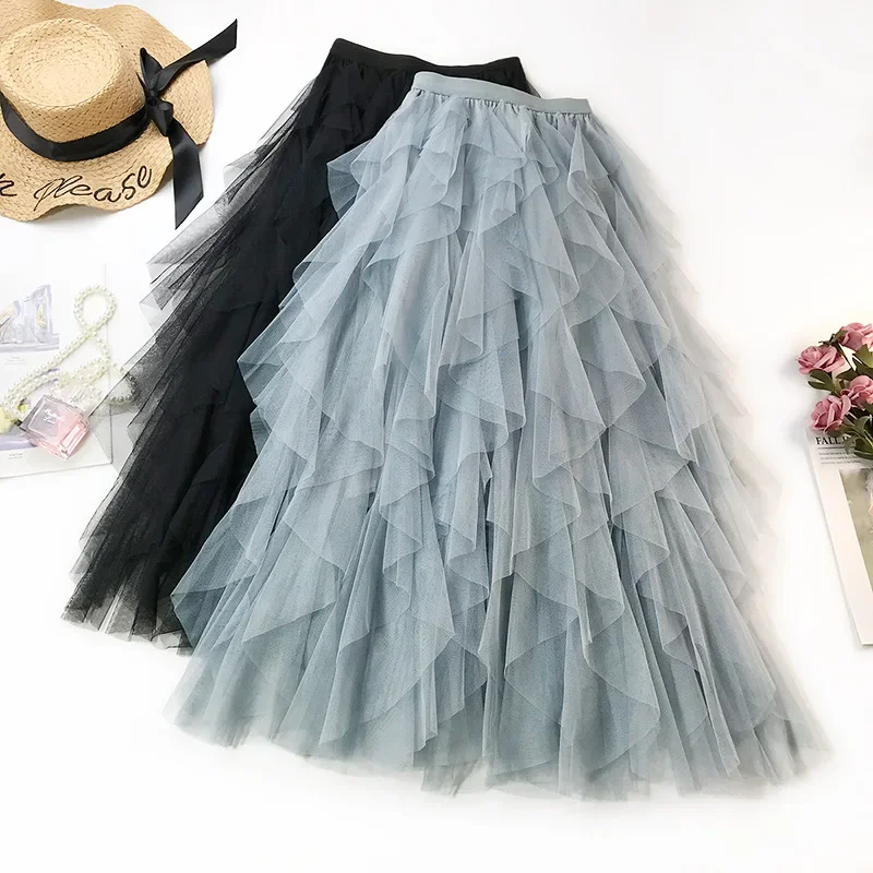 Heavy Craft New Wave Irregular Layered Cake Skirt Summer New  Mesh Fluffy Half Skirt Female High Waist Fairy Long Skirts L161