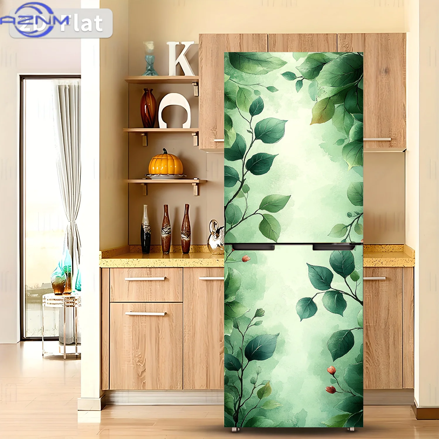 2D Flat Printing 1pc Refrigerator Sticker  Fresh Green Leaves Theme Design Self-Adhesive Wall Decal Wallpaper Suitable for Cab
