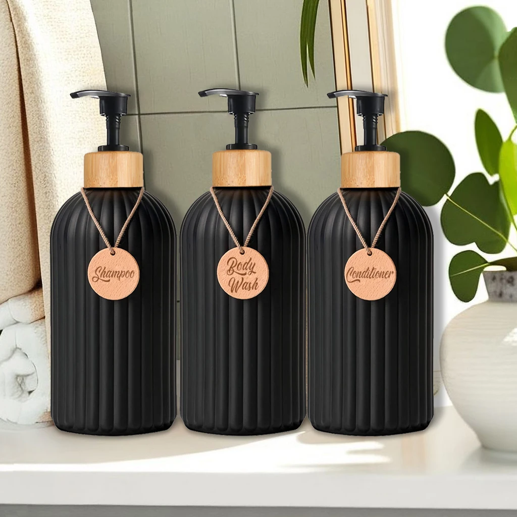 3Pcs Shampoo and Conditioner Bottle Dispenser with Tags Matte Black Lotion Body wash Dispenser for Bathroom Shower