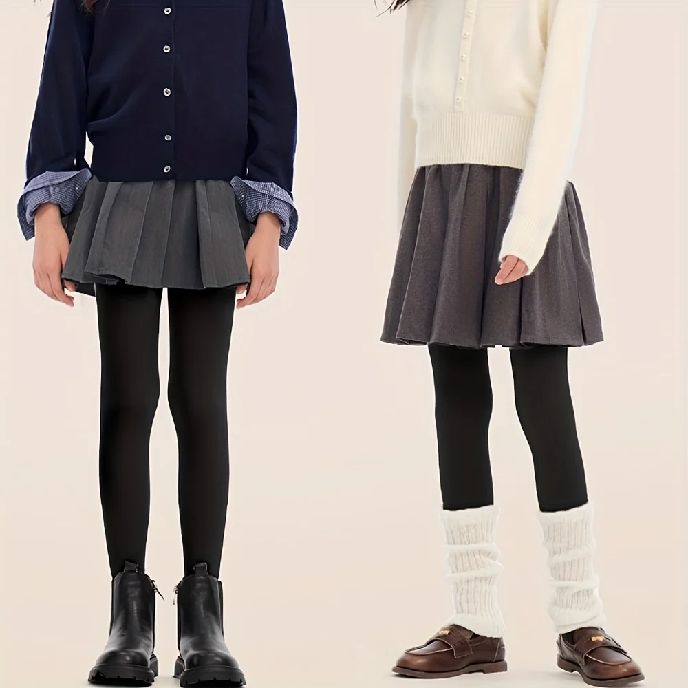 طماق سوداء مخملية للأطفال، يرتدي المراهقين جوارب طويلة بلون موحد صديقة للبشرة #1