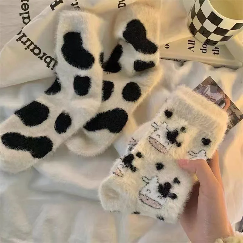 Cartoon Cute Cow Mink Velvet Socks Women Winter Soft Stocking Medium Tube Sock Cute Cloud Plush Cartoon Mink Plush Socks Indoor#