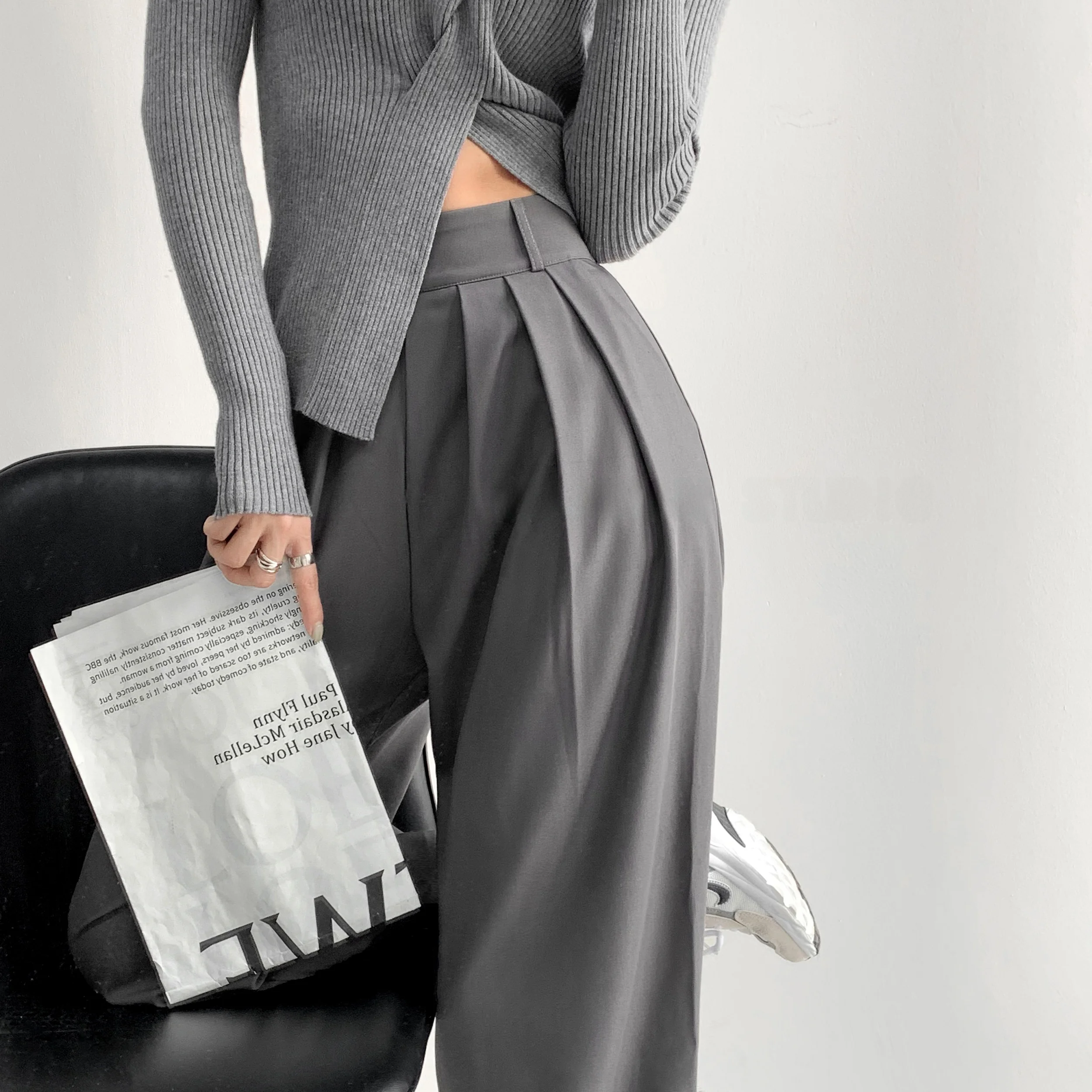 

NANNAN Women's High Waist Trousers Casual Drapey Suit Pants Side Zipper Slimming Wide Leg Pants Faionable Straight Cut