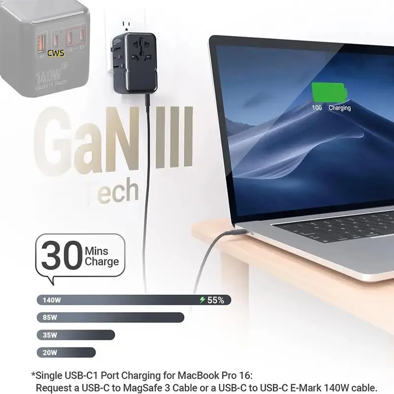 Adaptateur de prise internationale 140W, adaptateur de voyage Gan3 avec prise universelle, 1 USB A 3, chargeur rapide de Type C