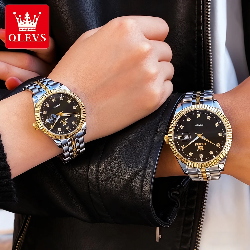 Olevs luxo casal relógios marca superior de aço fino original quartzo relógio pulso para amante à prova dwaterproof água luminosa data moda novo 5520