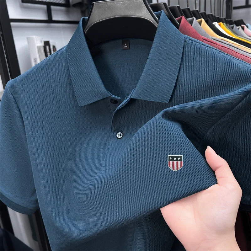Men's Summer Luxury 100% Cotton Polo Shirt, Lapel Print Short Sleeve T-shirt, Breathable Business Casual Menswear