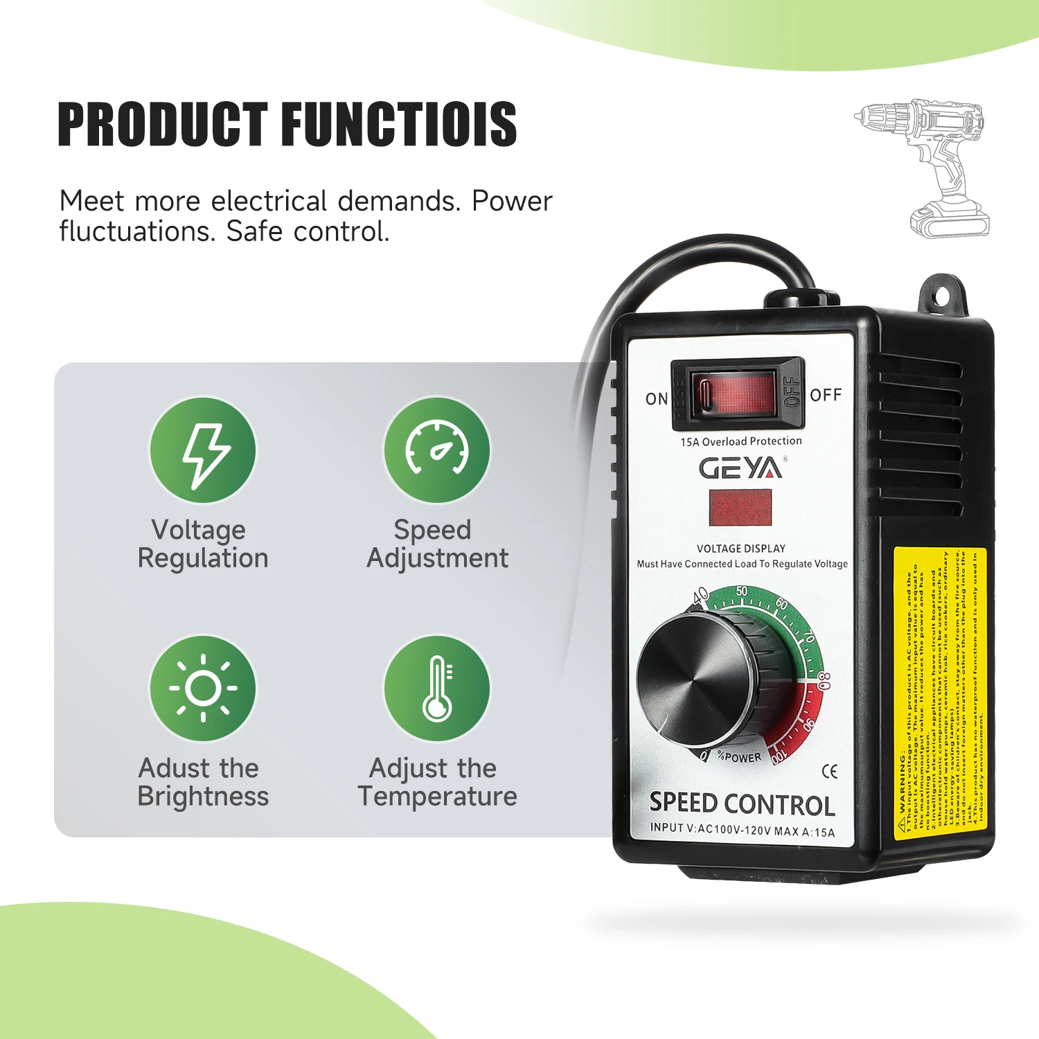 

GEYA Угловая шлифовальная машина Электронный регулятор напряжения Угловая шлифовальная машина Регулятор Бесступенчатый регулятор скорости Переключатель Регулятор высокой мощности 15А