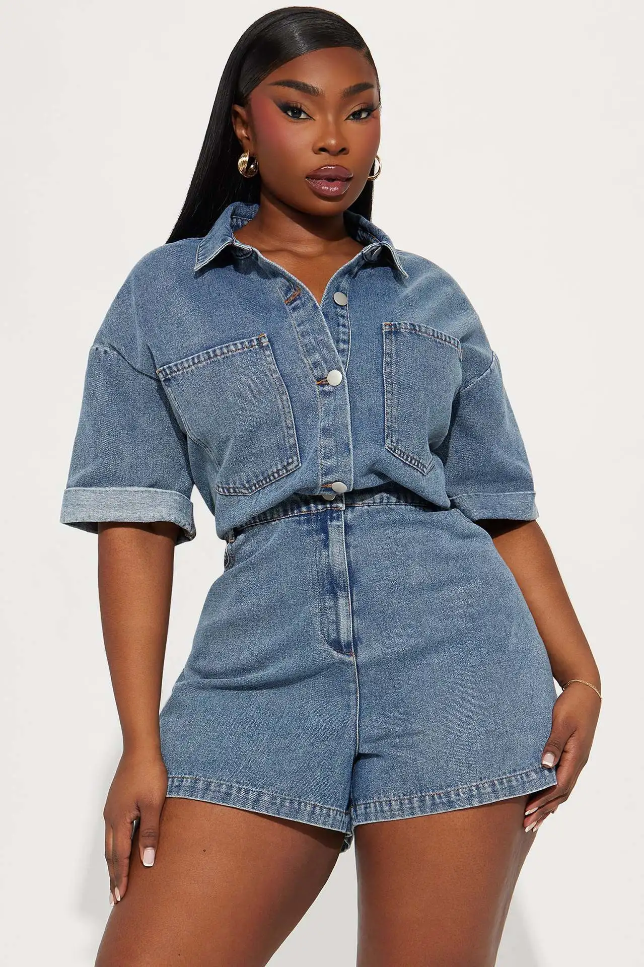 

Casual Denim Overalls for Women Solid Elasticity Short Sleeves Button Rompers Summer Lapel Loose Jeans Playsuits Female Jumpsuit