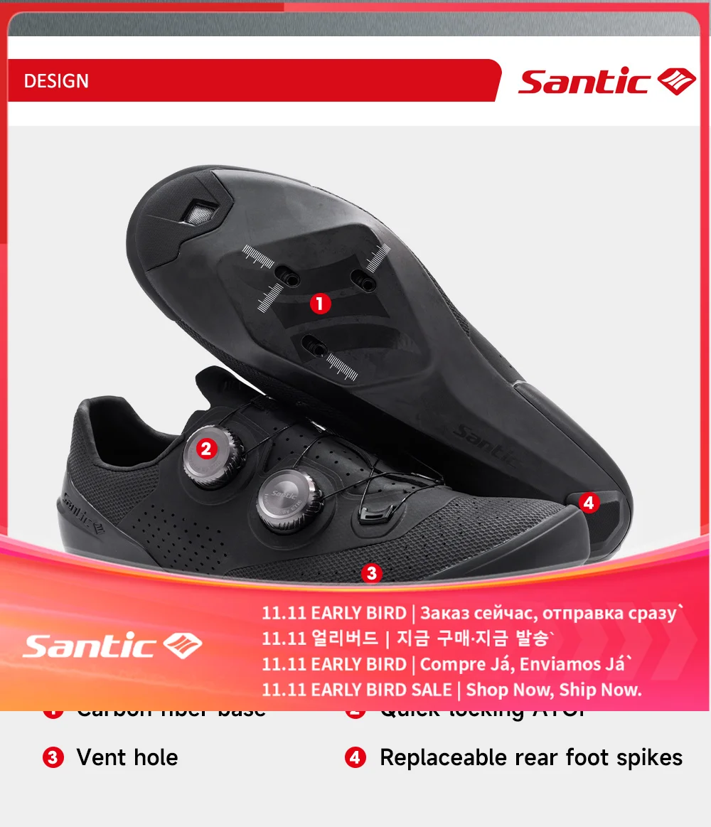 Santic New Men's Road Cycling Shoes Carbon Fiber Sole Breathable Racing Bike Shoes for Road Bikes  Professional Lock Shoes
