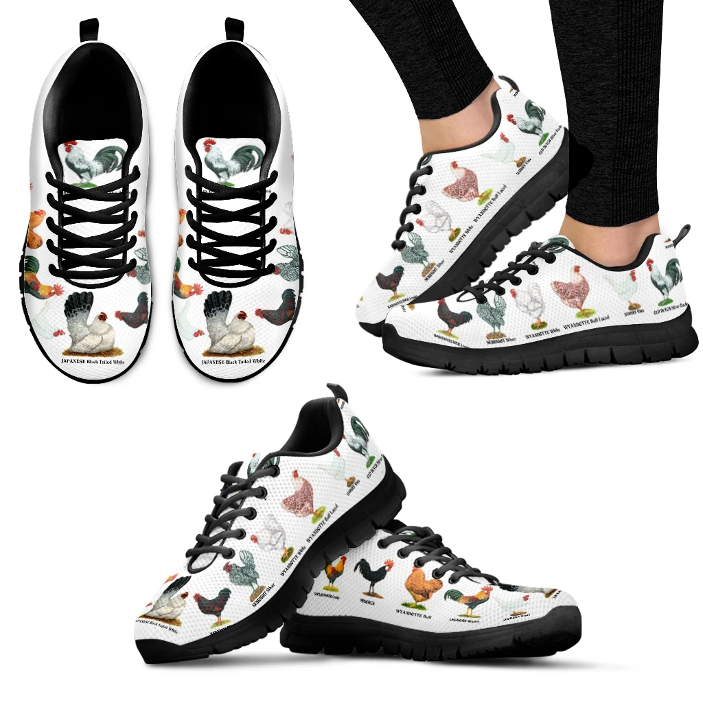 INSTANTARTS Rooster/hen/chick Design Luxury Brand Fashion Sneakers White Lightweight Lace-up Comfortable Flats Casual Sneakers