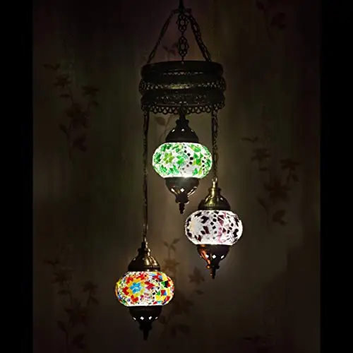 LaModaHome 35 + Unique Colors, 2020 Customizable Chandelier 3 Globes + Free 3 Bulbs, stunning Mosaic Turkish Lamp Moroccan Light