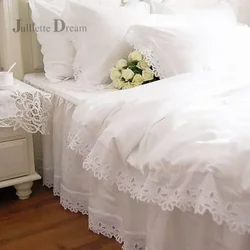 European Bedding Set White Hollow Out Embroidery Bedding Princess Duvet Cover Cotton Ruffle Bedspread Lace Bed Quilt Cover