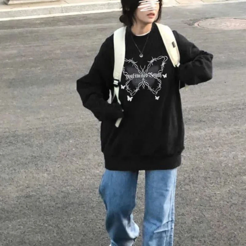 Sem chapéu hoodies feminino borboleta impressão streetwear mais veludo mais grosso baggy feminino manga longa all-match topos o pescoço quente macio