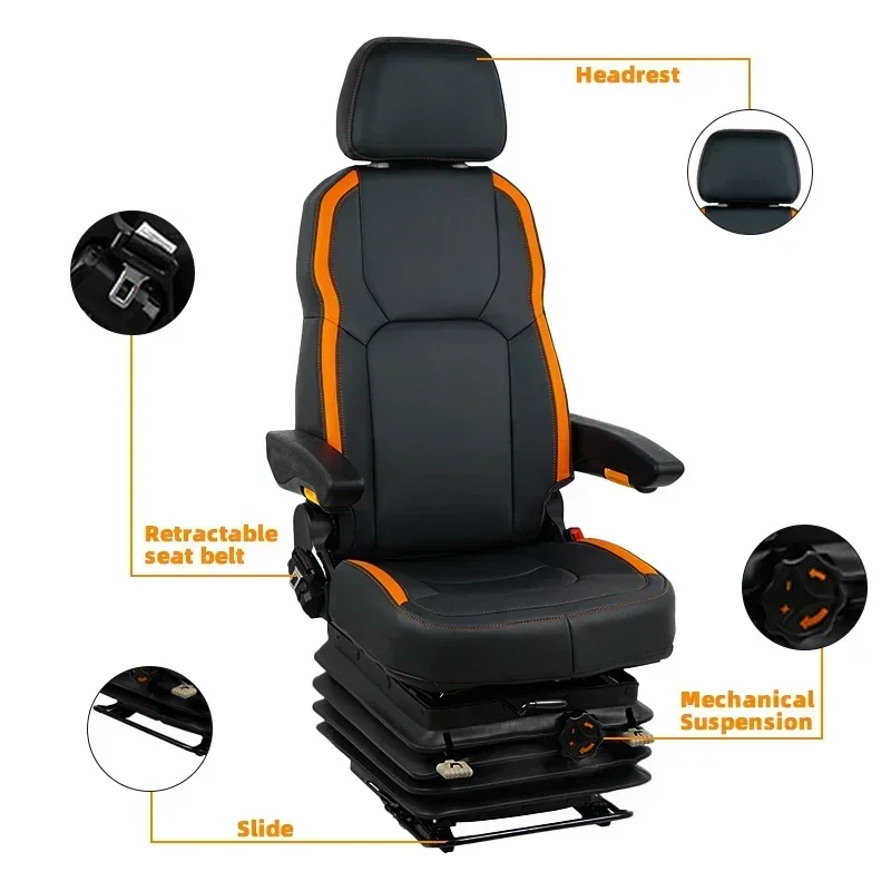 Boat Chair PVC Captain Chair with Hand Rest Adjustable Backrest Marine Seat with Shock-absorbing Base Retractable Seat Belt