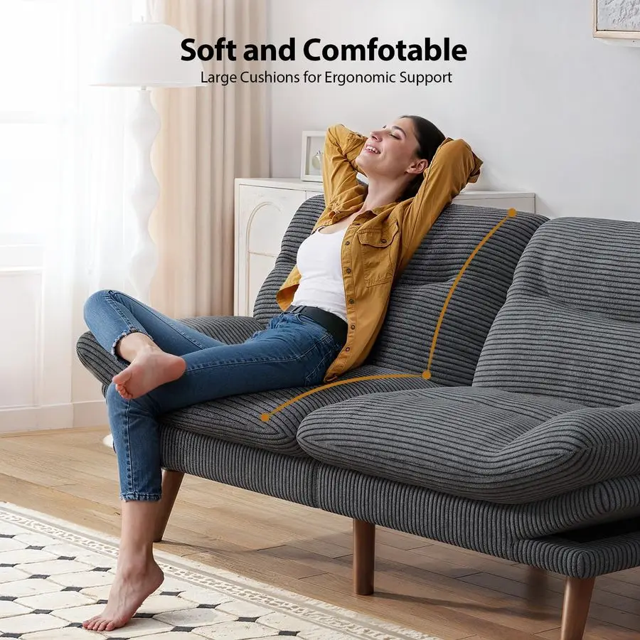 Futon Sofa Bed, 66 Corduroy Futon Couch Convertible with Adjustable Backrest and Armrests, Recliner Sleeper Sofa, for Small Spac