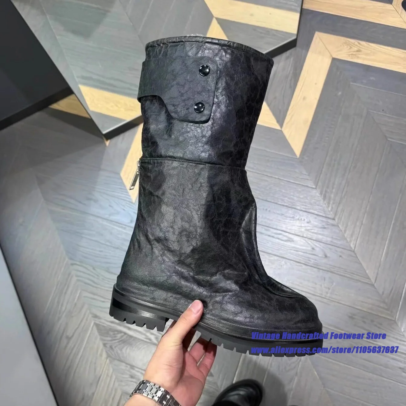 Wrinkled Leather Mid-Calf Boots Round Toe Thick Sole Fashion Boots Luxury Designer New In Street Style Autumn Men's Boots