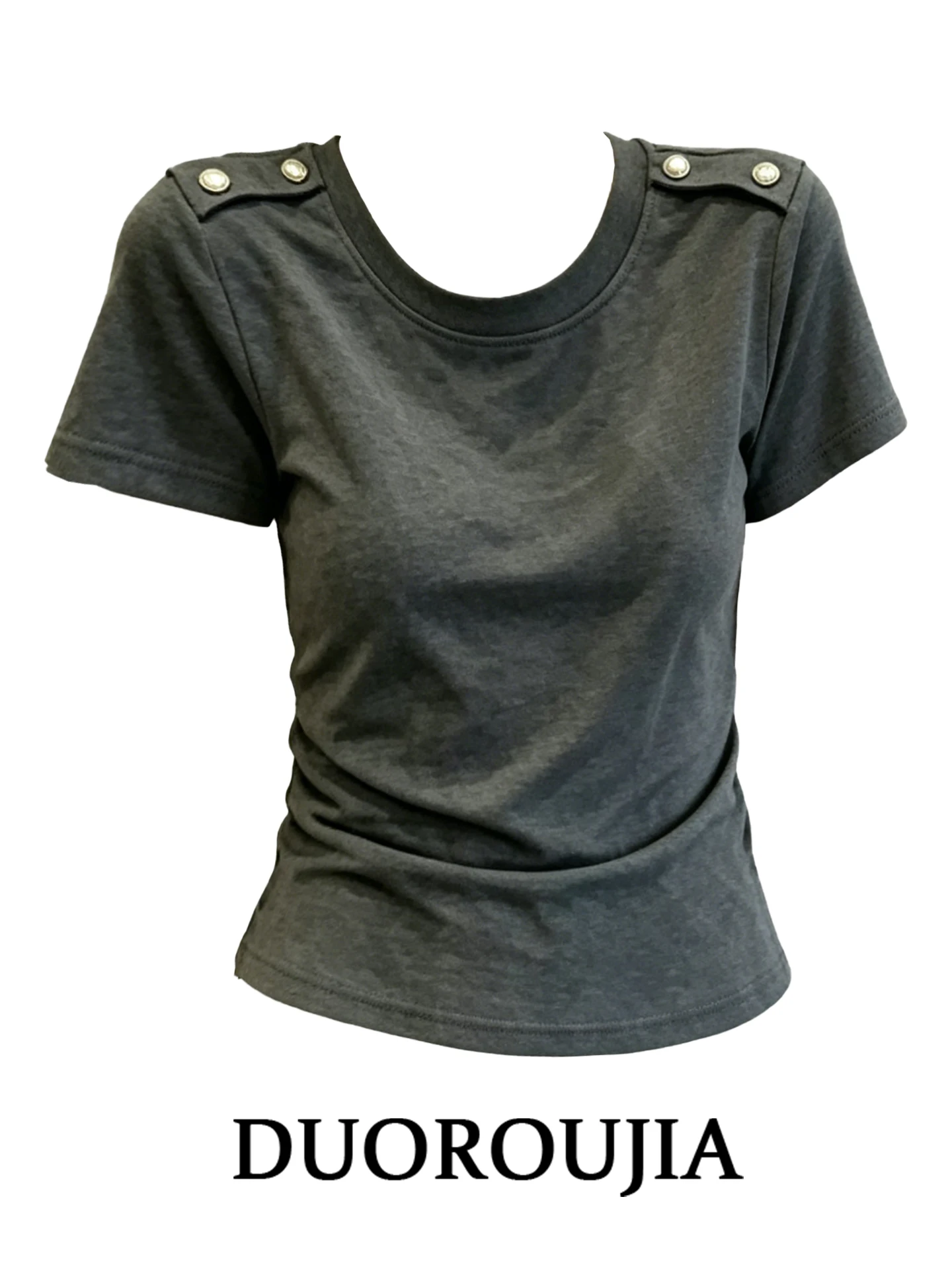 

Duor plus Size Women's T-Shirt round Neck Short Sleeve Grey Casual Commute Summer Fashion Decorative Metal Button Versatile Top