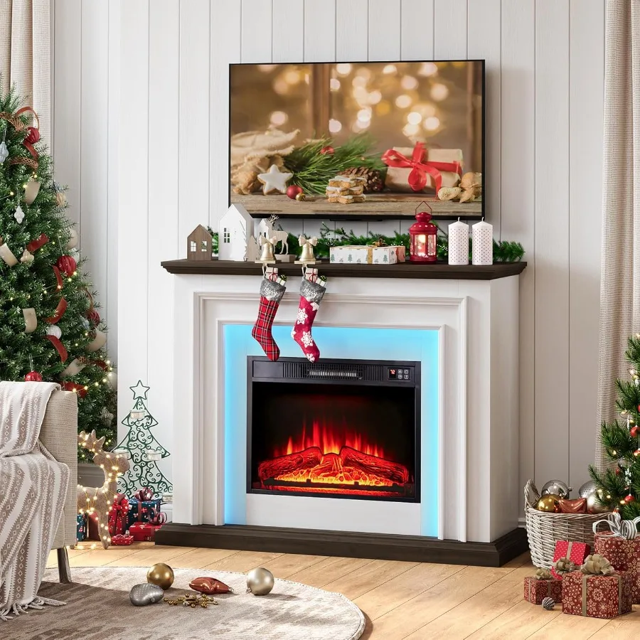 

44 Inches LED Lights Electric Fireplace with Mantel Tall Fire Place Heater Freestanding for Living Room Delicate ThreeDimension