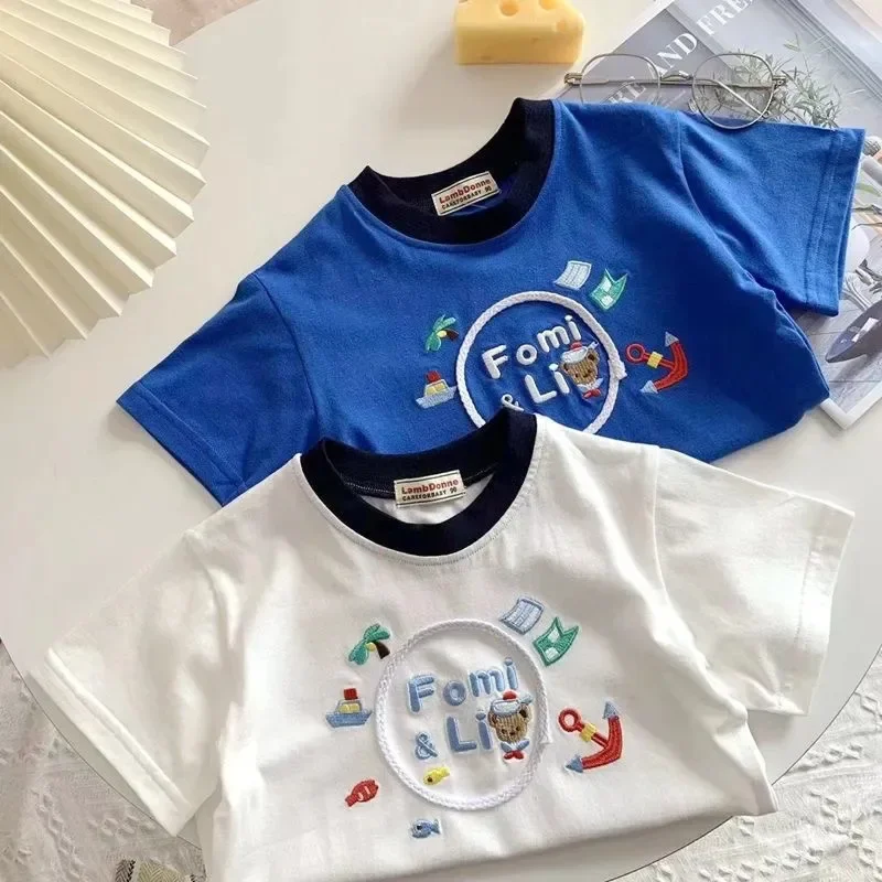 

Летняя Детская быстросохнущая футболка с мультяшным принтом, топы с короткими рукавами и вышивкой для мальчиков и девочек, детские хлопковые повседневные футболки, свободная футболка для малышей