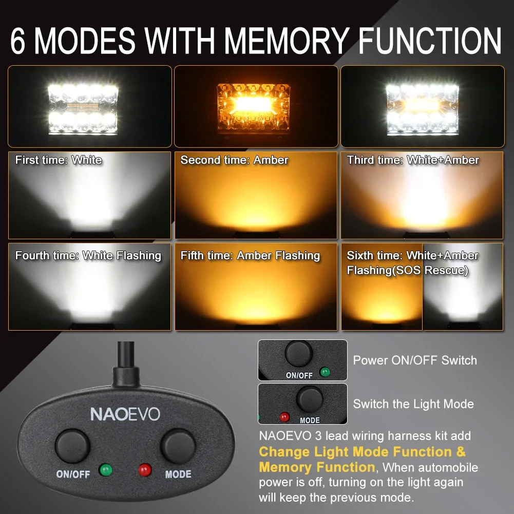 NAOEVO 4x4 Off Road LED Light Bar Pods 4inch 120W 12V 24V 6 Modes Fog Driving LED Work Light For Auto ATV Motorcycle Truck Jeep