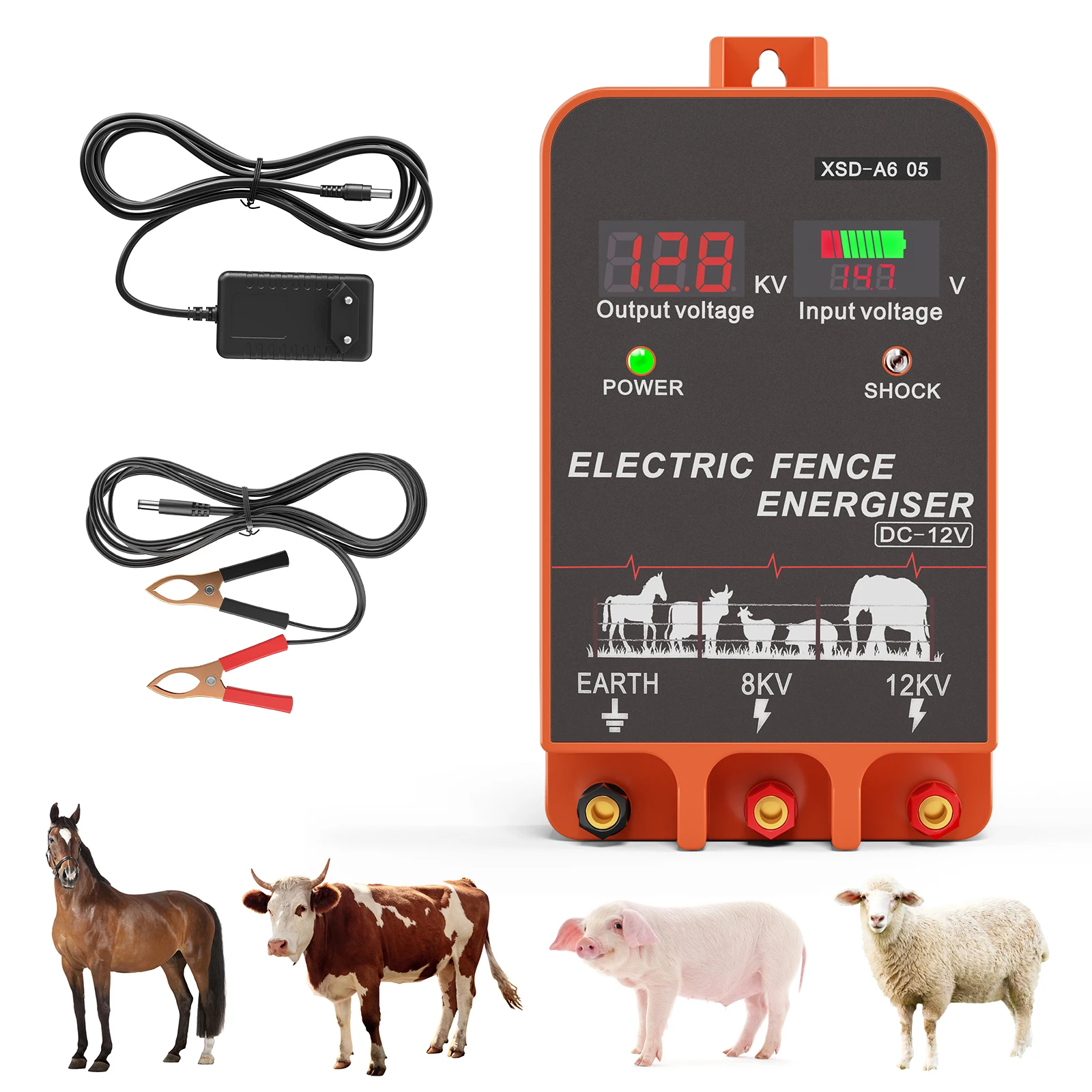 5 KM Electric Fence Energizer 2 Joule With LCD Display AC 100-240V DC 12V Energizer Controller for Farm Livestock Cows Cattle