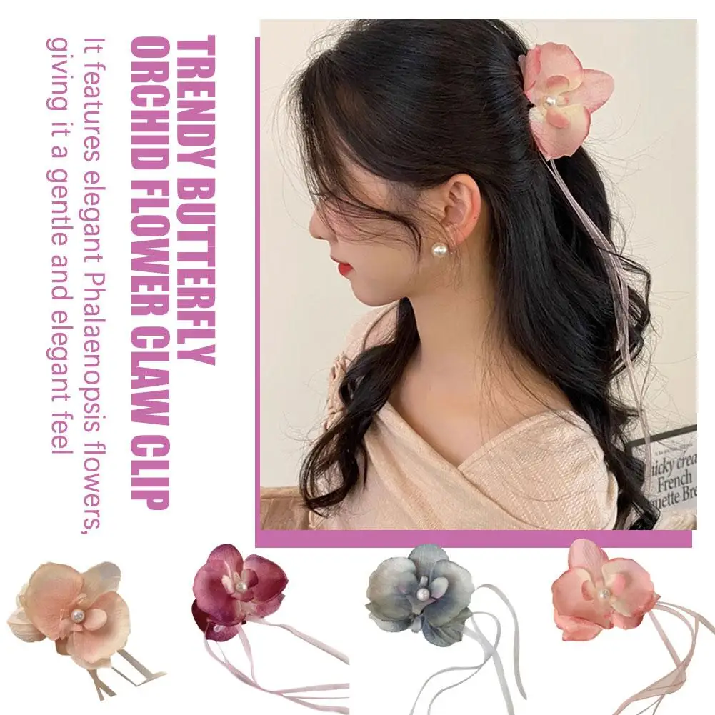 Orchid Flower Claw Clip para Meninas, na moda Vintage Fita Hairpins, presilhas Clip, Tassel Headwear, Ponyt Acessórios, N5h7