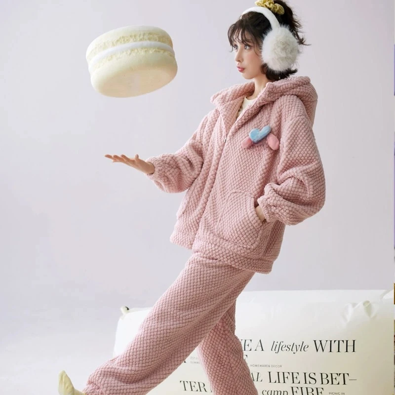 

Spring and Autumn Flannel Loose Sweet Hooded Set New Coral Velvet Pajama Women's Winter Thickened Warm Home Wear Sleepwear