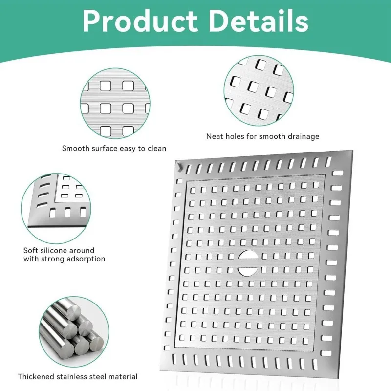 【Shower Drain Cover 2-Pack】Steel Hair Strainer for Bathroom, Anti-Clog Square Filter Grates for Sink, Kitchen Sink